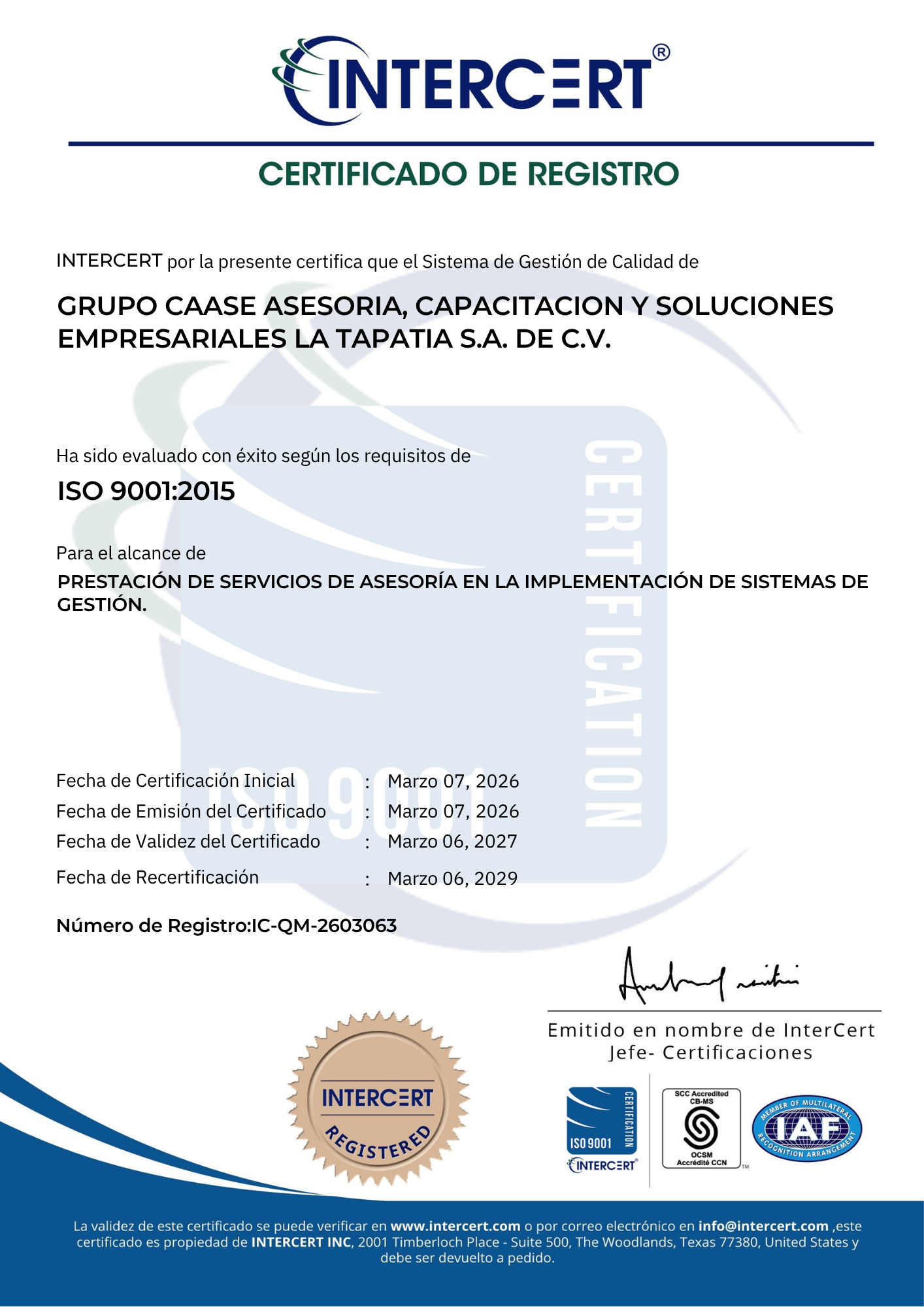 Certificado ISO 9001 emitido por INTERCERT a Grupo CAASE